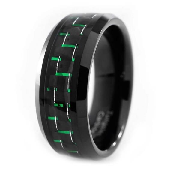 Men's Wedding Band Rings - Black and Green Carbon Fiber - Wedding Rings for Men - Picture 1 of 4
